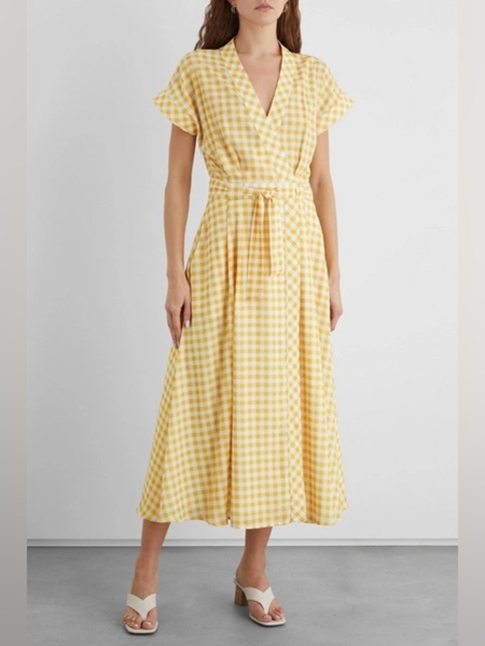 Iris & Ink Aisling Gingham Crepe De Chine Midi Wrap Dress In Pastel Yellow